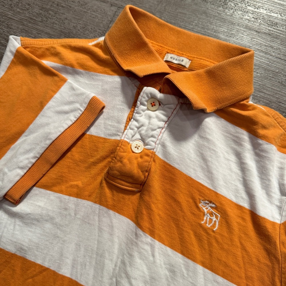 Vintage Abercrombie & Fitch Polo Shirt Mens L Orange Striped Cotton Y2K Muscle